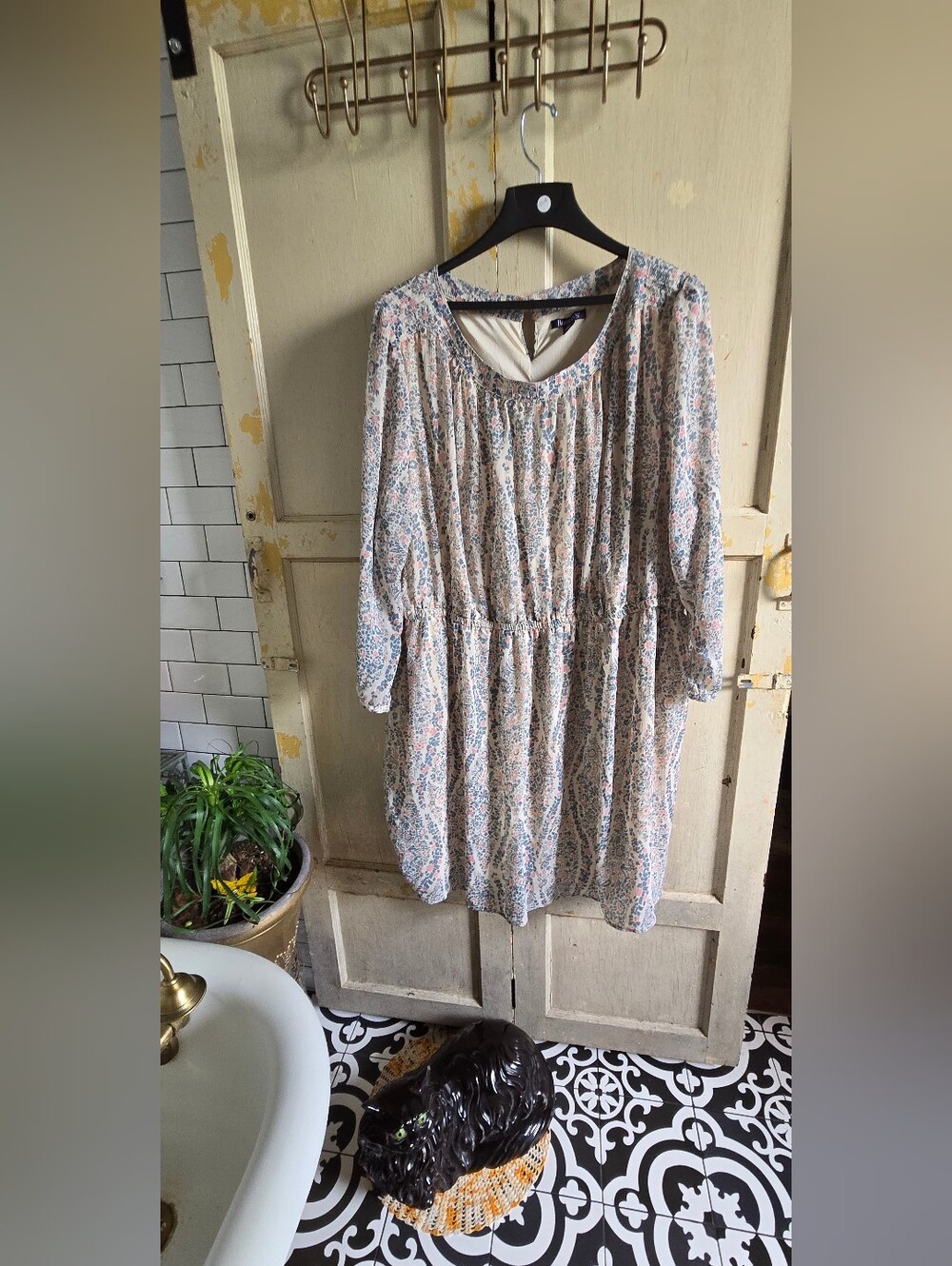 Roaman's Cream Floral Long-Sleeve Smock Dress